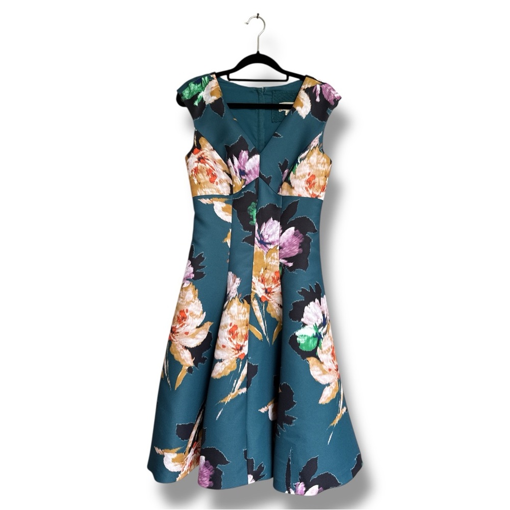 Anthropologie Moulinette Soeurs Baikal Teal Floral Tea Length Fit & Flare Size 2 - Picture 4 of 14